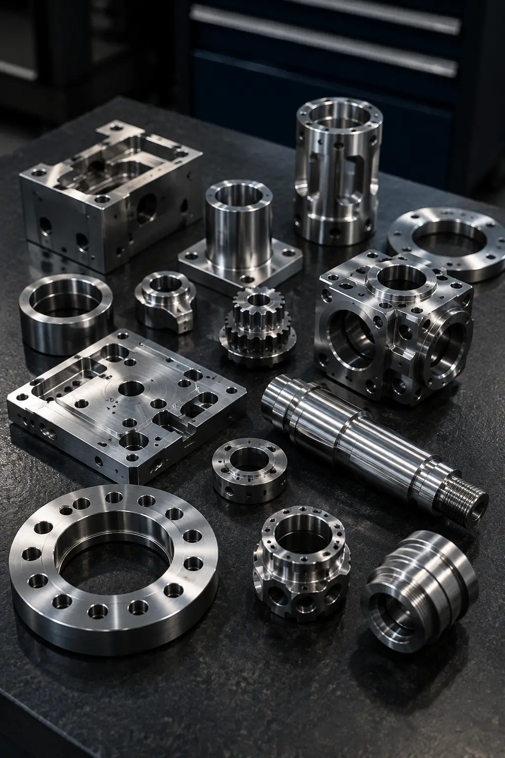 Conjunto de peças metálicas industriais maquinadas por CNC